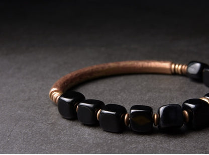 Bracelet made of Cubic Black Obsidian Beads with Antique copper