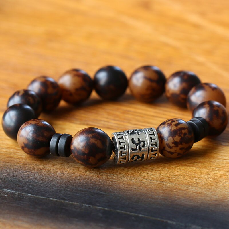 Big Natural Wood Bead Bracelet with Om Mantra Charm