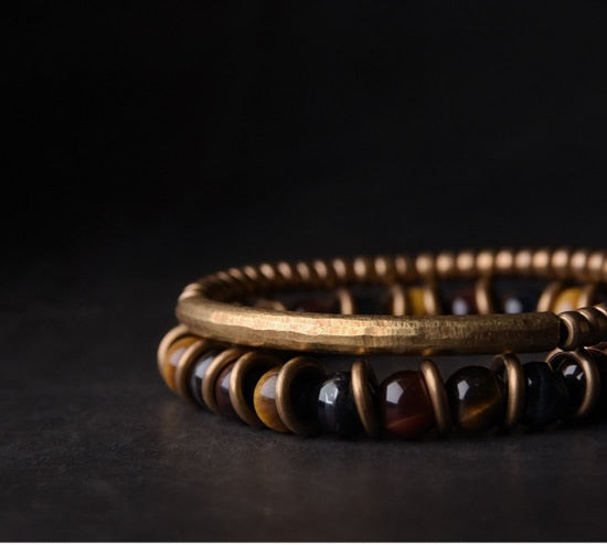 Set 2 Tiger Eye beads Bracelets and Vintage Pure Copper
