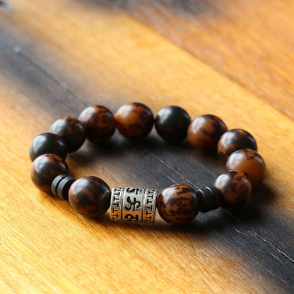 Big Natural Wood Bead Bracelet with Om Mantra Charm