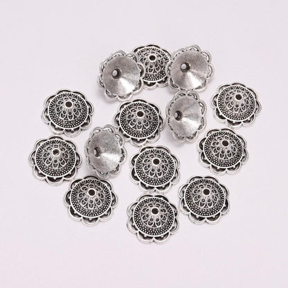 14mm 8-Petal Carved Flower Antique Bead Caps, 20pcs