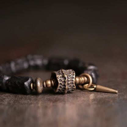 Black Ebony Wood Beads Bracelet With Design Brass Charm