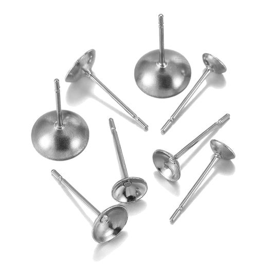 Stainless Steel Cup shape Earring Settings, Ear Post Pin, 100pcs