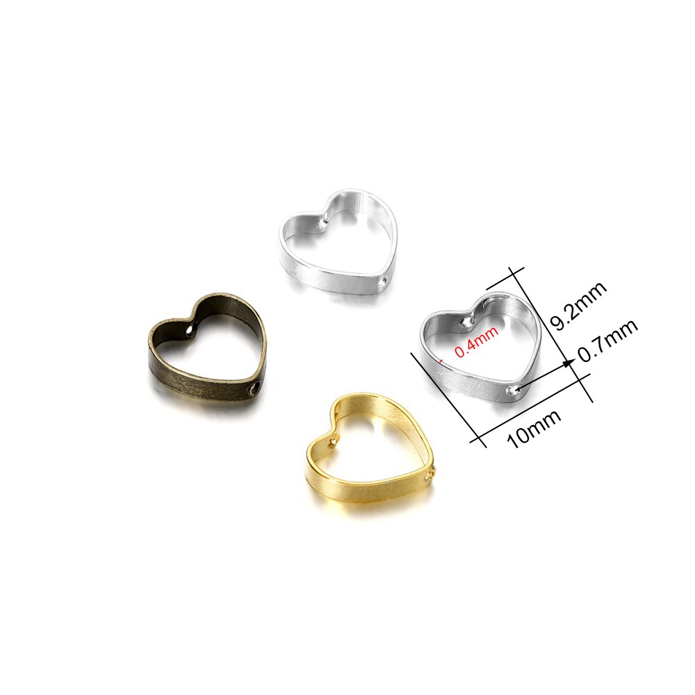 20 pendentifs géométriques en forme de cœur à Double trou en métal de 10mm