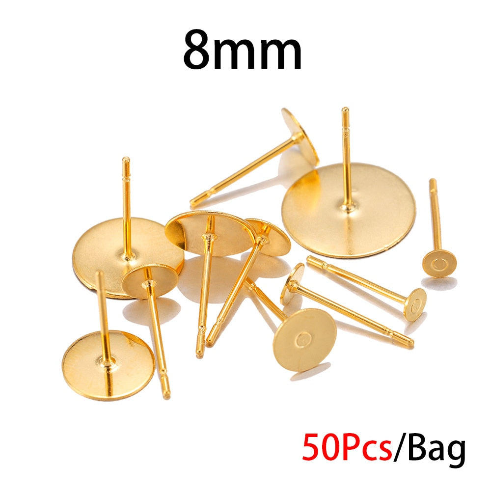 Base de clou de boucle d'oreille en acier inoxydable doré de 3 à 8 mm, 50 pièces