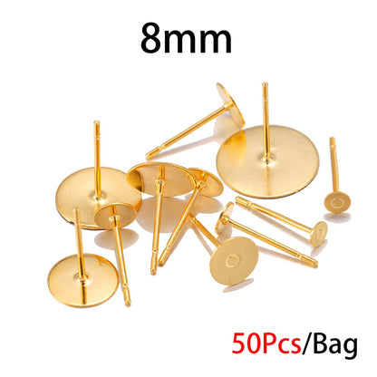 3-8mm Gold Stainless Steel Earring Stud Base, 50pcs