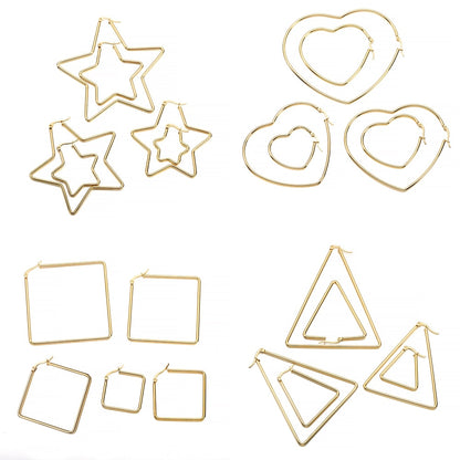 Gold Stainless Steel Earrings: Star, Square, Heart, 6Pcs