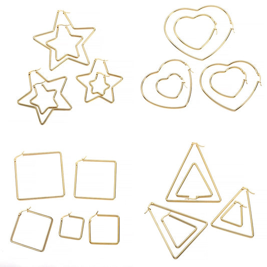 Boucles d'oreilles en acier inoxydable doré : étoile, carré, cœur, 6 pièces