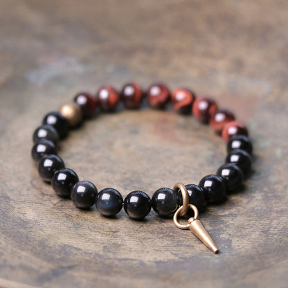 Tiger Eyed and Obsidian Beaded Bracelet, Copper Vajra Charm