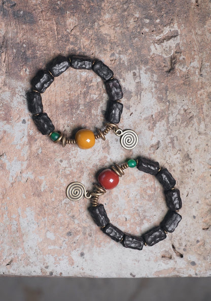 Carved Ebony Bead Bracelet, Gobi Agate Charm