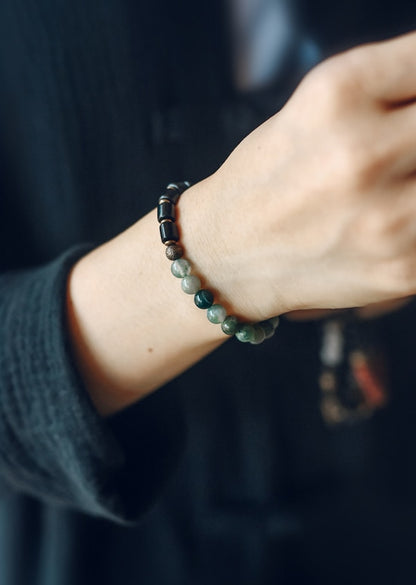 Ebony Wood and Stone Beads Bracelet, Red, Moss and Flower Agate