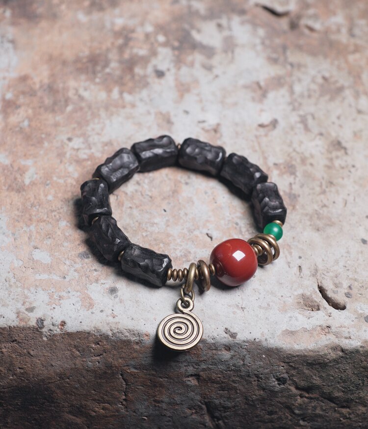 Carved Ebony Bead Bracelet, Gobi Agate Charm