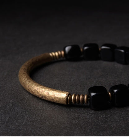 Cubic Black Obsidian Stone Bracelet With Brass Charm