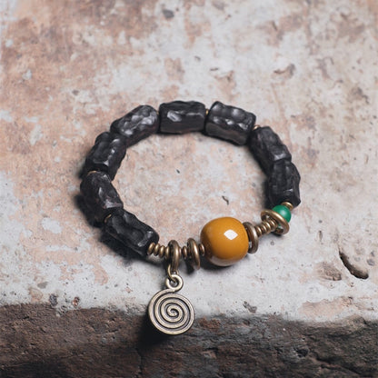 Carved Ebony Bead Bracelet, Gobi Agate Charm