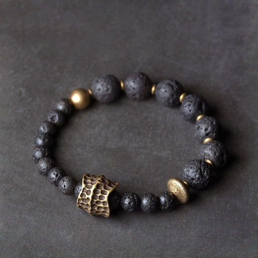 Bracelet en pierre de lave et perles de cuivre pures traitées à la main