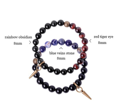 Tiger Eyed and Obsidian Beaded Bracelet, Copper Vajra Charm