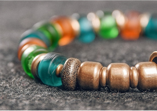 Coloured Glass Beads Bracelet with Hammered Copper Charm