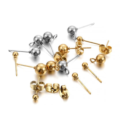 Gold Round Ball Earring Post Studs with Plugs, 20pcs