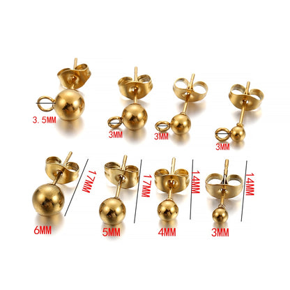 Gold Round Ball Earring Post Studs with Plugs, 20pcs