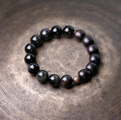 Golden Tiger-Eye Black Obsidian Beads Bracelet