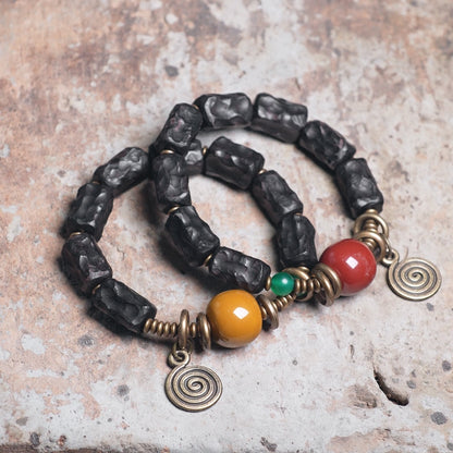 Carved Ebony Bead Bracelet, Gobi Agate Charm