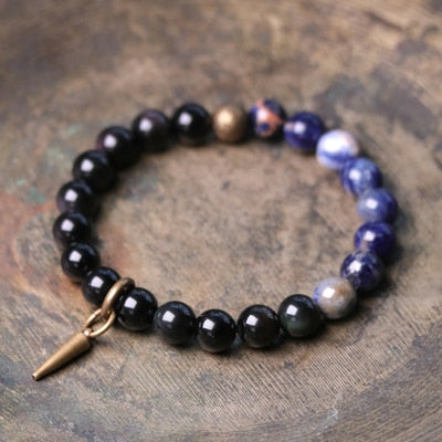 Tiger Eyed and Obsidian Beaded Bracelet, Copper Vajra Charm