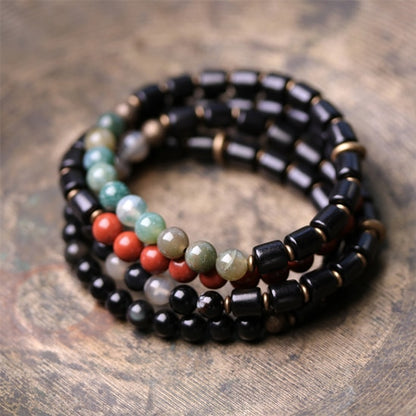 Ebony Wood and Stone Beads Bracelet, Red, Moss and Flower Agate