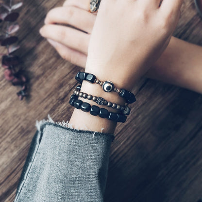 Two Set Suit Ebony Copper Bracelet, Oxidized Hammered Charm