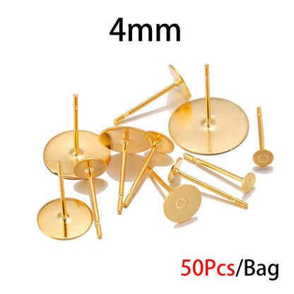 3-8mm Gold Stainless Steel Earring Stud Base, 50pcs