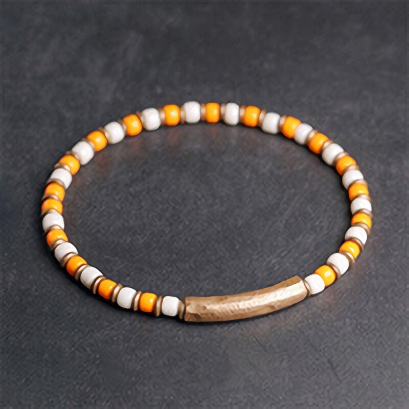 Multi Color Glaze Mini Beads Bracelet, Hammered Copper Charm