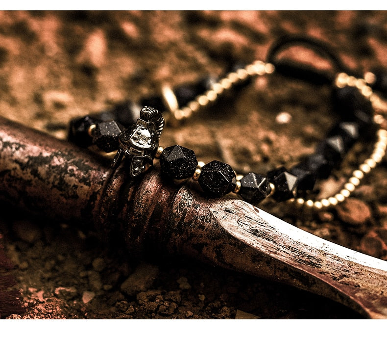 Bracelet homme en obsidienne naturelle, charme chevalier Vikings