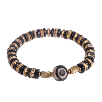 Tibetan OX Yak Bone and Ebony Wood Carved Beads Bracelet with Evil Eyes Charm