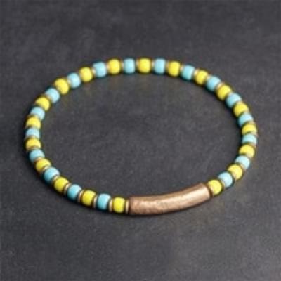 Multi Color Glaze Mini Beads Bracelet, Hammered Copper Charm