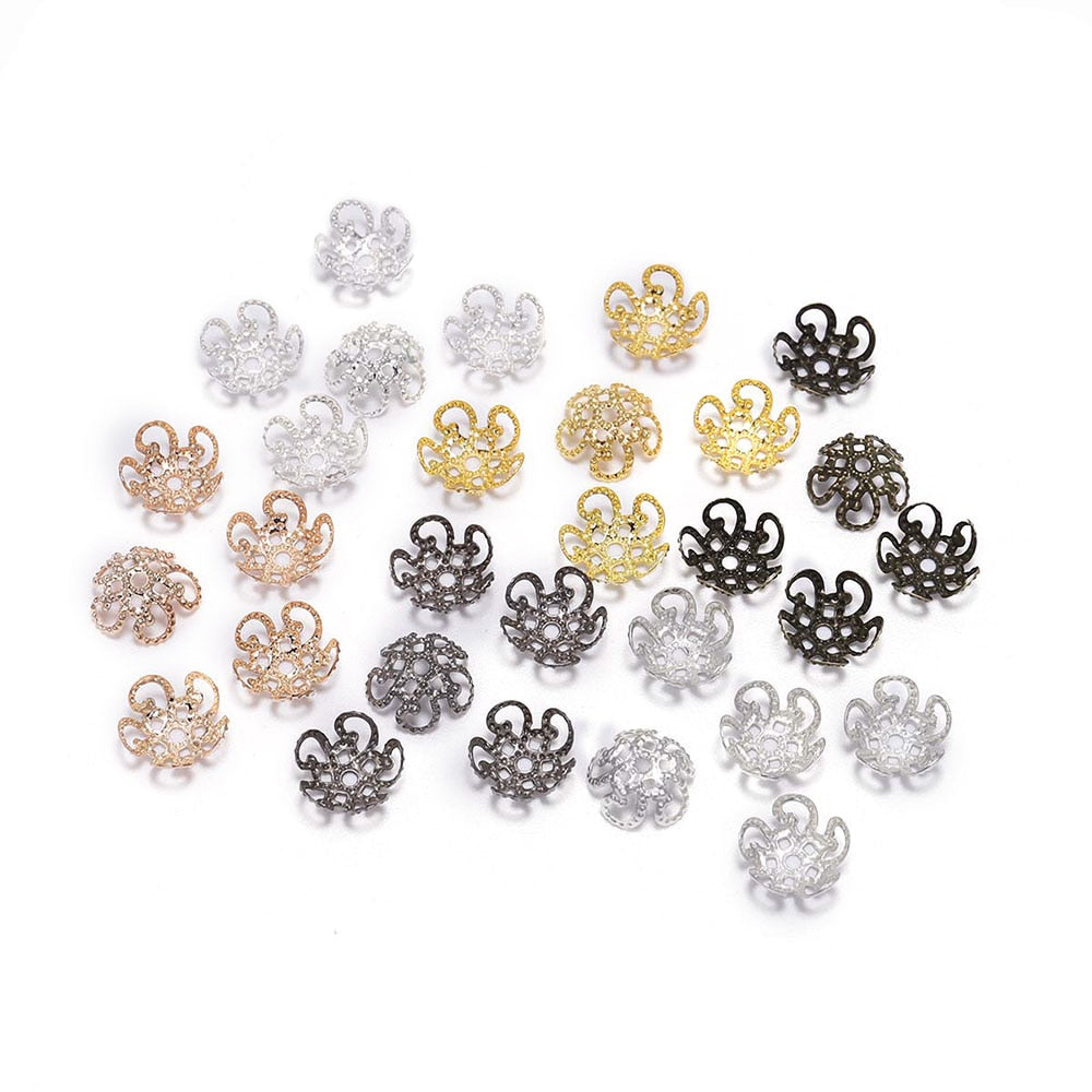 Capuchons de perles de fleurs creuses en métal doré de 8, 10 mm, 100 pièces