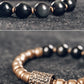 Rainbow Eye Obsidian Beads Bracelet, Hammered Brass Charm