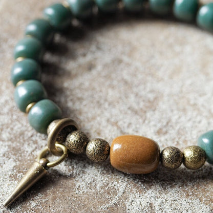 Natural Green Bodhi Seed Bracelet with Brass Metal Beads