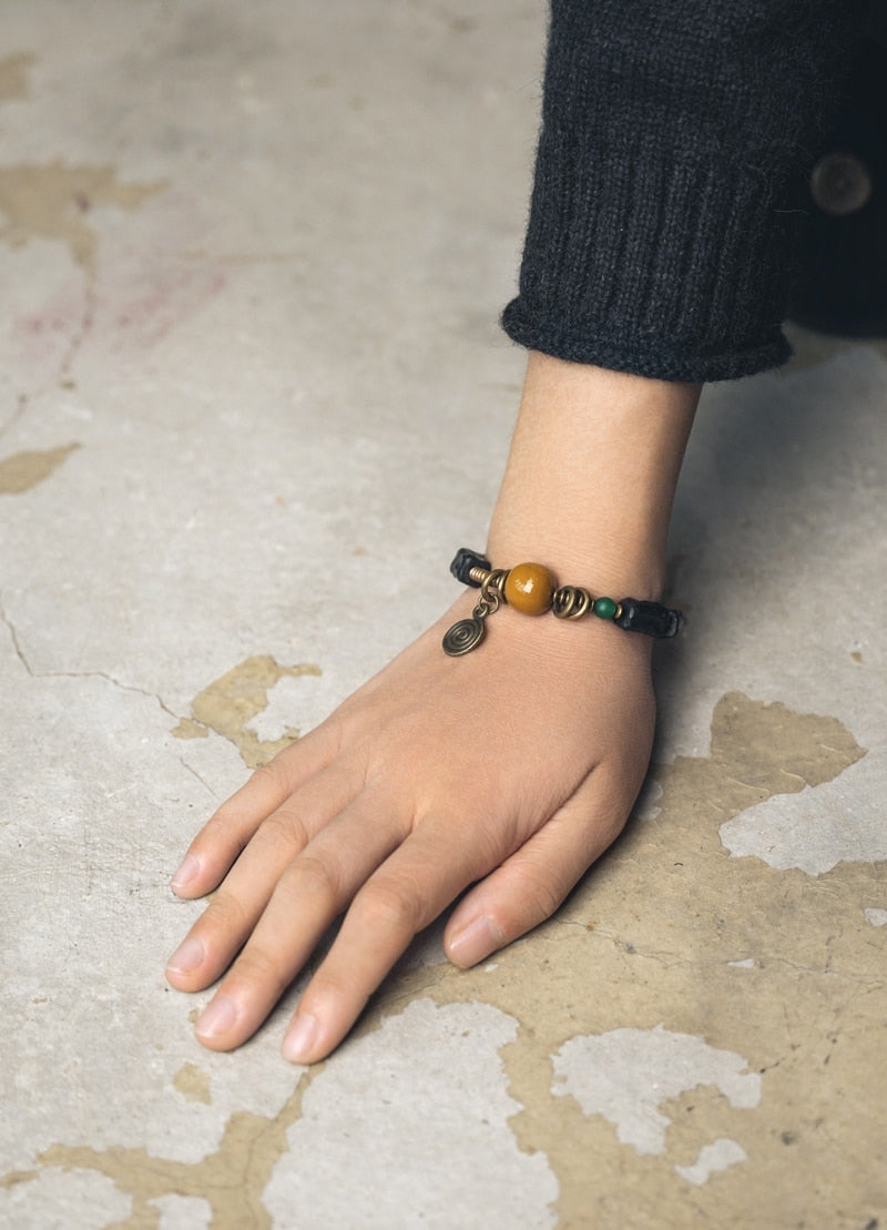 Carved Ebony Bead Bracelet, Gobi Agate Charm