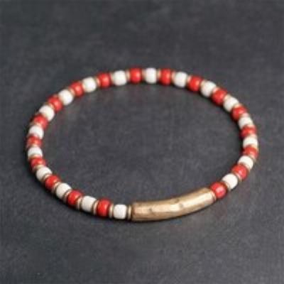 Multi Color Glaze Mini Beads Bracelet, Hammered Copper Charm