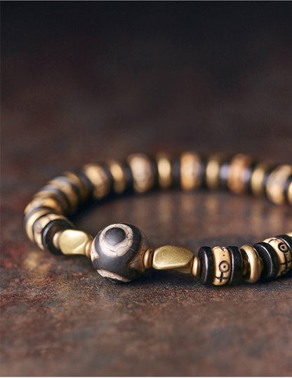 Tibetan OX Yak Bone and Ebony Wood Carved Beads Bracelet with Evil Eyes Charm