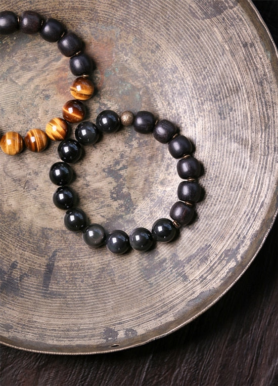 Bracelet Perles Obsidienne Noire Oeil-de-Tigre Doré