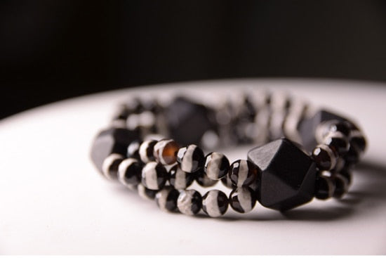 Onyx Beads, Black Wood Ebony Multi Row Bracelet