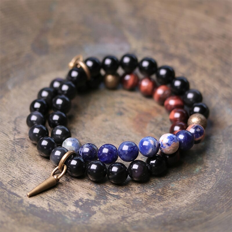 Tiger Eyed and Obsidian Beaded Bracelet, Copper Vajra Charm