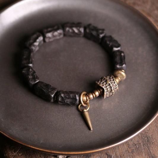 Black Ebony Wood Beads Bracelet With Design Brass Charm