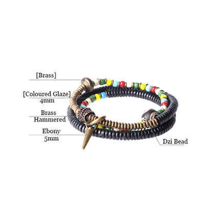 Bracelet en verre multicolore, bois d'ébène et perles tibétaines Dzi