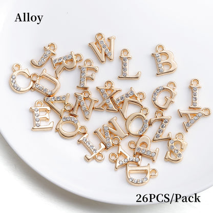 Pendentifs en alliage incrustés de strass, lettres de l'alphabet anglais AZ, 26 pièces