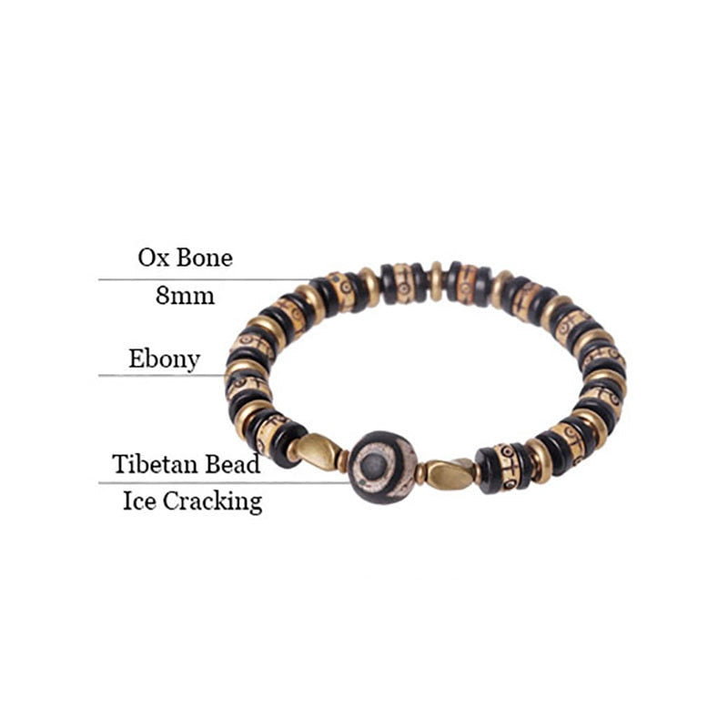 Tibetan OX Yak Bone and Ebony Wood Carved Beads Bracelet with Evil Eyes Charm