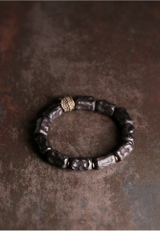 Carved Ebony Wood Bracelet, Brass Charm