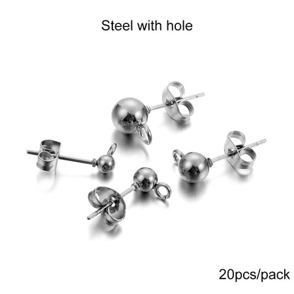 Gold Round Ball Earring Post Studs with Plugs, 20pcs