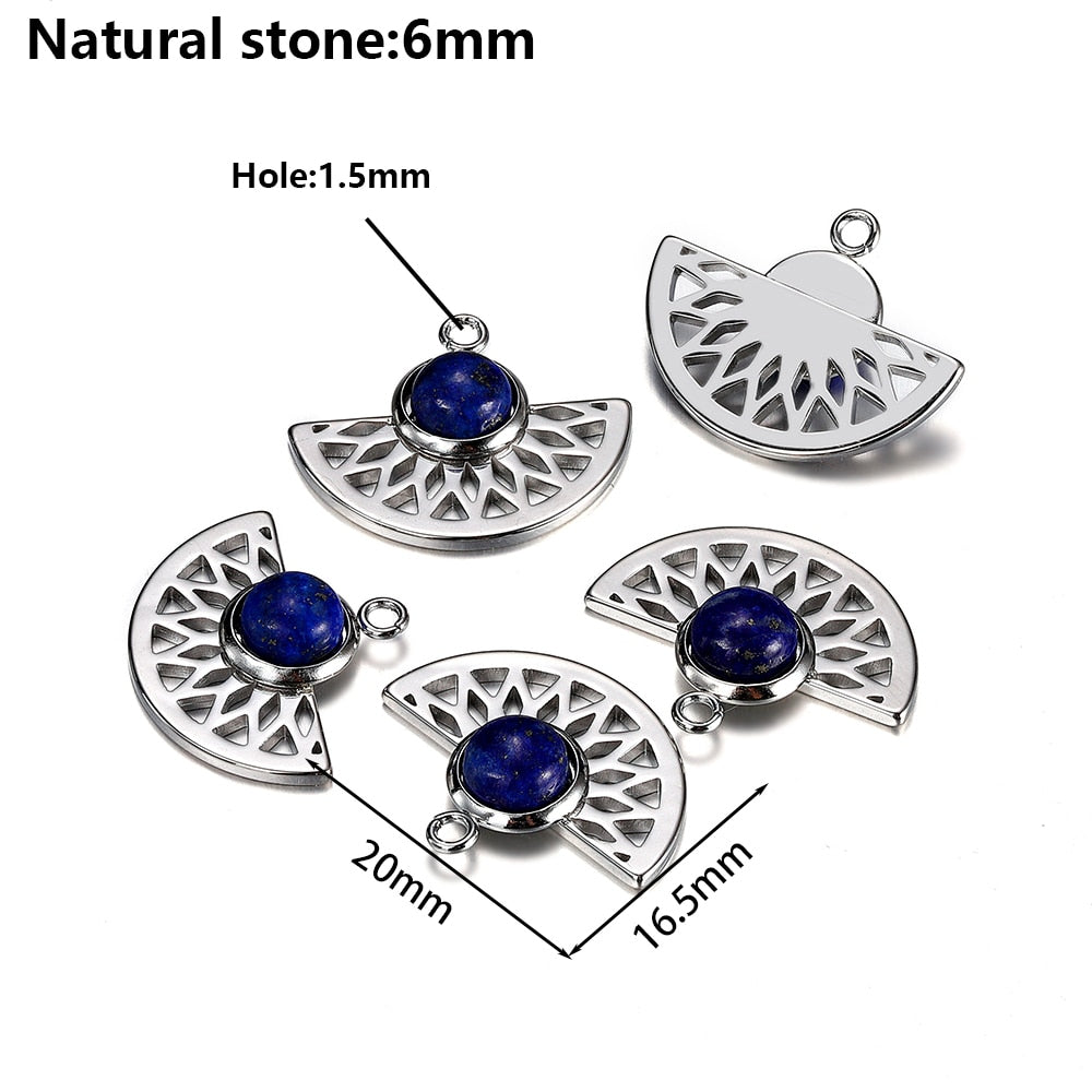 Stainless Steel Natural Stone Fan Shape Pendant, 5Pcs