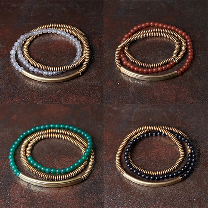 Stone and Metallic Copper Beads Multi-Row Bracelet